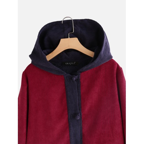 Women Casual Patch Hooded Thick Fleece Corduroy Long Coats
