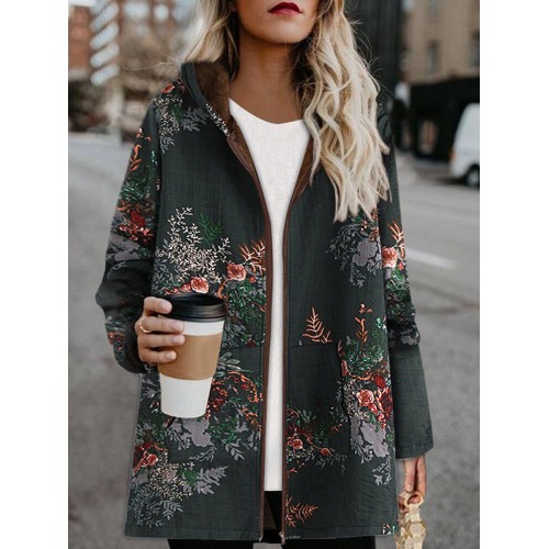 Women Winter Flower Print Cotton Vintage Hooded Coats