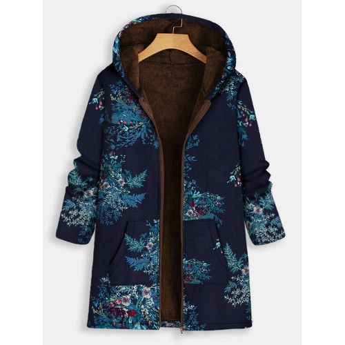 Women Winter Flower Print Cotton Vintage Hooded Coats