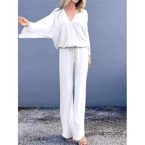 Women Pleats Casual Ankle Length Solid V-Neck Elastic Two-Piece Sets