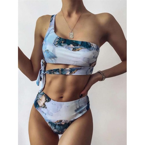 Contrast Color Tie Dye Print One Shoulder Knotted High Waist Women Beach Bikini