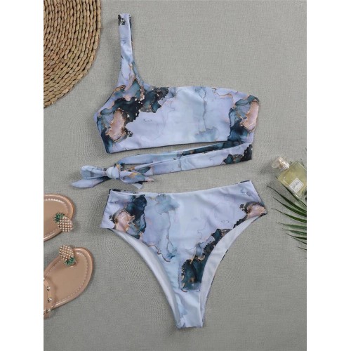 Contrast Color Tie Dye Print One Shoulder Knotted High Waist Women Beach Bikini