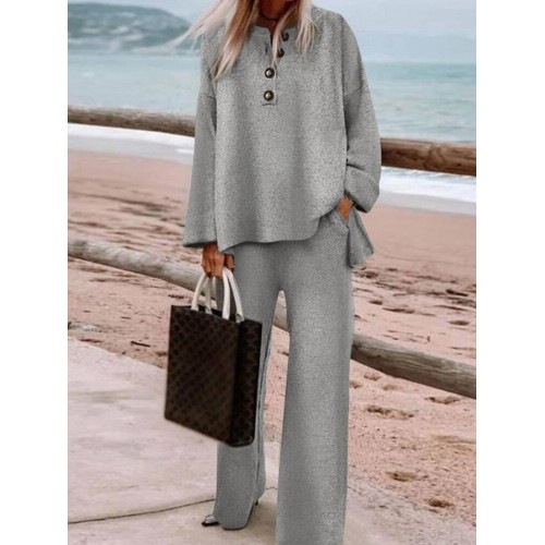 Women Solid O-Neck Elastic Waist Side Pockets Casual Two-Piece Sets