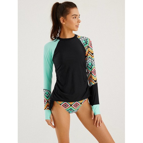 Women Vintage Geometric Print Sunscreen Long Sleeves Surfing String Panty Sports Bikini