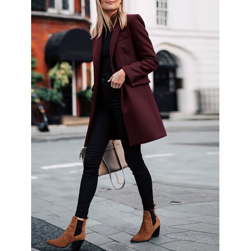 Solid Button Long Sleeve Lapel Coat For Women