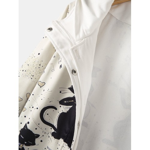 Women Cartoon Music Cat Print Zipper Front Long Sleeve Thick Hooded Coat