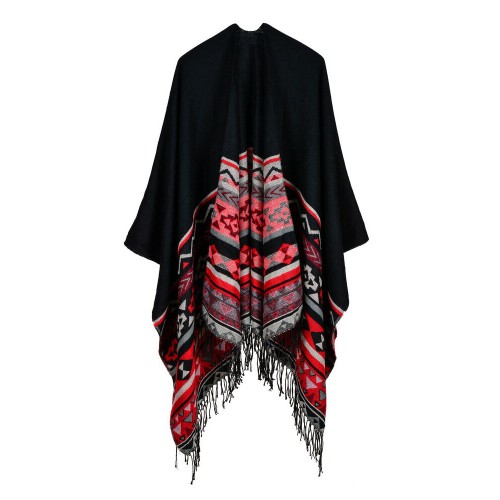 Women Sleeveless Geometric Tassel Striped Reversible Wrap
