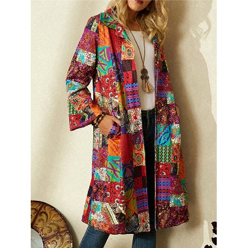Women Tribal Print Colorblock Lapel Ethnic Style Jacket With Pocket