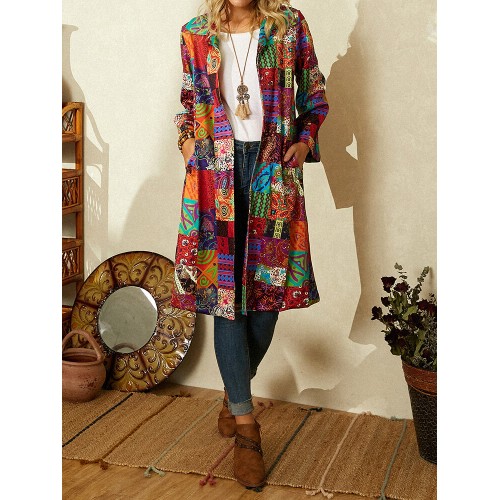 Women Tribal Print Colorblock Lapel Ethnic Style Jacket With Pocket