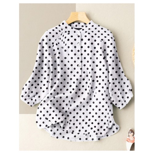Dot Print Stand Collar Button 3/4 Sleeve Blouse For Women