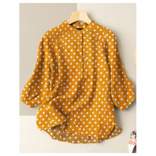 Dot Print Stand Collar Button 3/4 Sleeve Blouse For Women