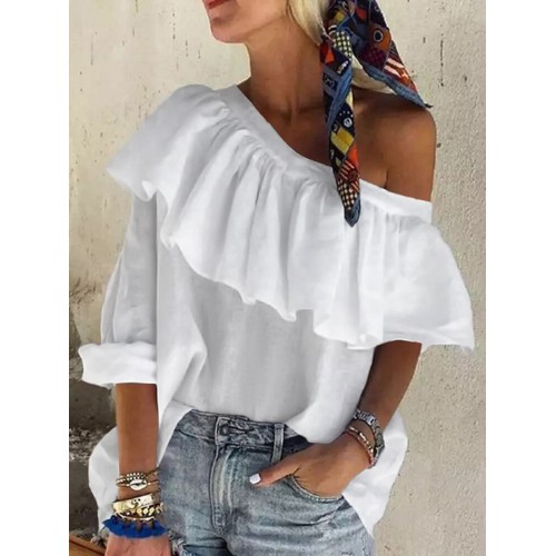 Solid Color Ruffles Irregular One Shoulder Holiday Daily Casual Blouse For Women