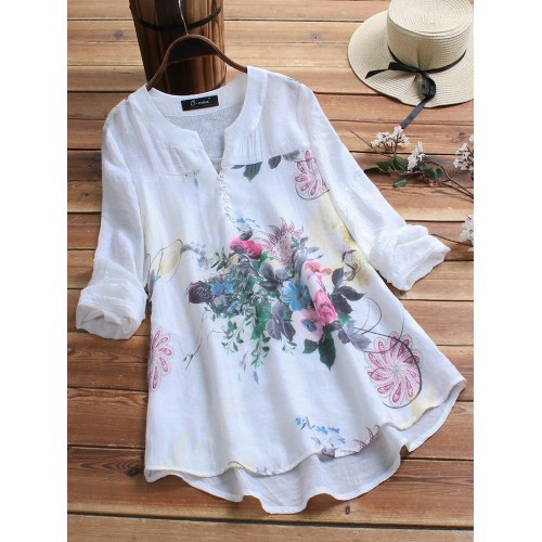 Women Casual Cotton Linen Floral Print Long Sleeve Blouse