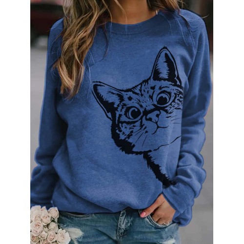 Women Cute Cartoon Cat Print Round Neck Loose Casual Long Sleeve T-Shirts