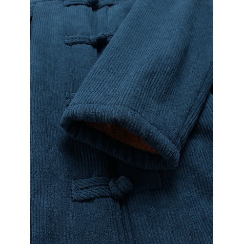 Corduroy Frog Button Solid Color Hooded Maxi Coats