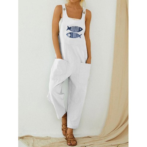 Cartoon Fish Print Sleeveless Loose Casual Pocket Jumpsuits For Women