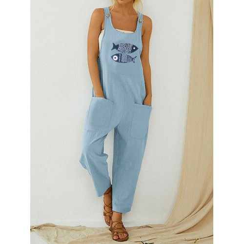 Cartoon Fish Print Sleeveless Loose Casual Pocket Jumpsuits For Women