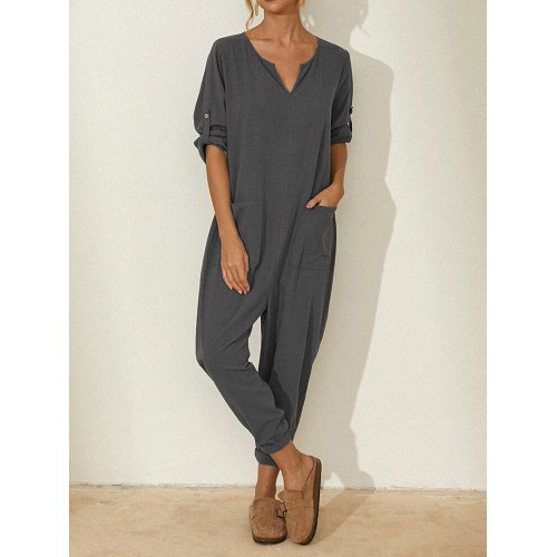 Solid Color Long Sleeve Notched Collar Pocket Loose Jumpsuit For Women