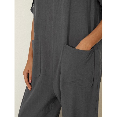 Solid Color Long Sleeve Notched Collar Pocket Loose Jumpsuit For Women