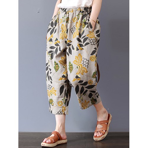 Vintage Women Floral Print Elastic Waist Pants with Pockets