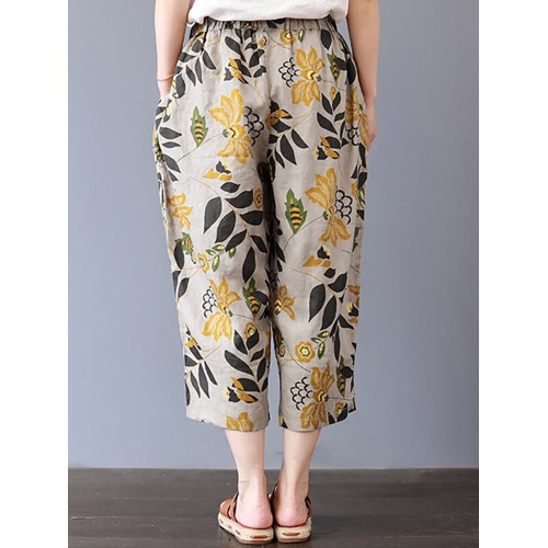 Vintage Women Floral Print Elastic Waist Pants with Pockets