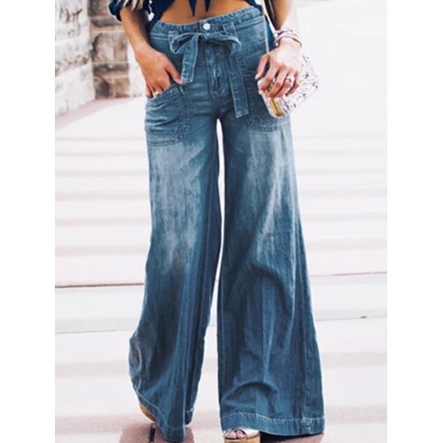 Women Casual Zipper Fly Lace-Up Mid Waist Wide Leg Jeans With Pocket