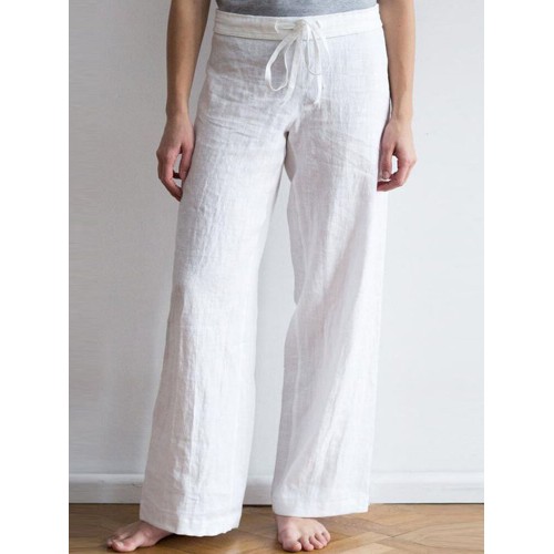 Women Elastic Waist Pockets Long Cotton Wide Leg Pants