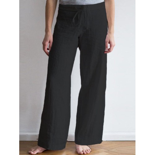 Women Elastic Waist Pockets Long Cotton Wide Leg Pants