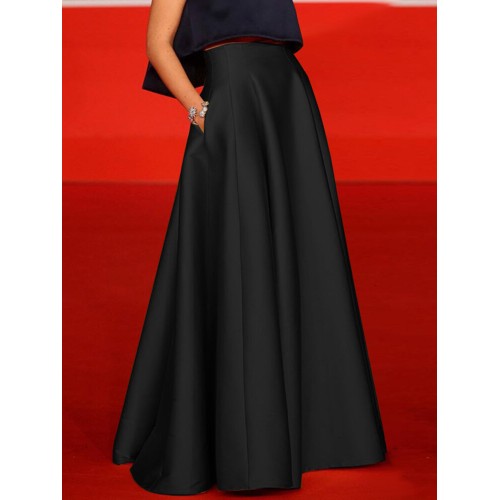 Women Party Collect Waist Solid Pleats A-Line Back Zipper Skirt With Side Pockets