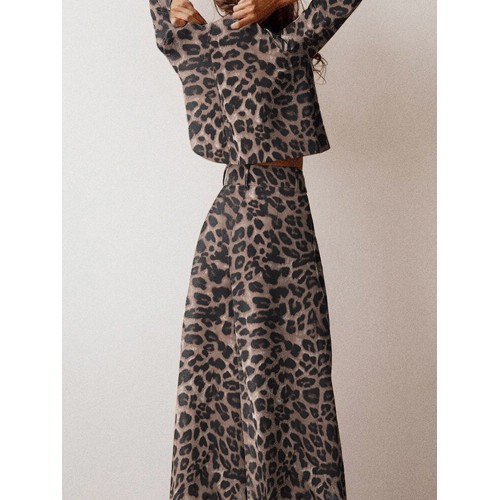 Leopard Print Button Zip Long Sleeve Crew Neck Two Pieces Set