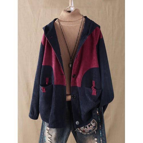 Plus Size Women Corduroy Patchwork Button Hooded Jacket