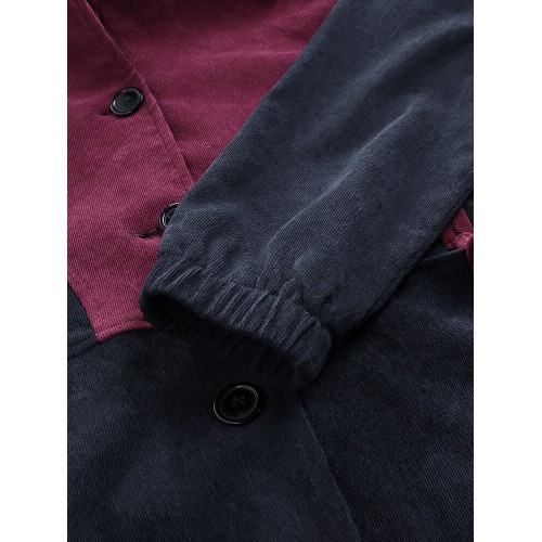 Plus Size Women Corduroy Patchwork Button Hooded Jacket