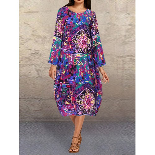 Print Crew Neck Long Sleeve Women Floral Dress