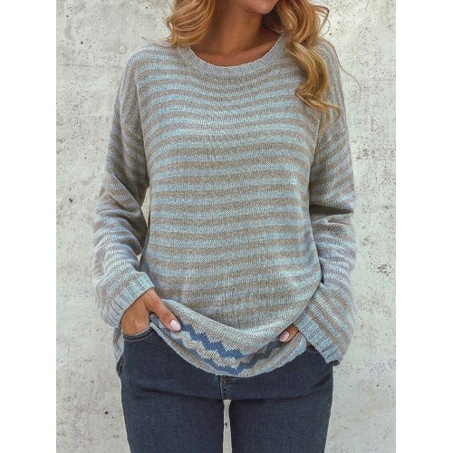 Women Casual Striped Crew Neck Long Sleeve Sweaters
