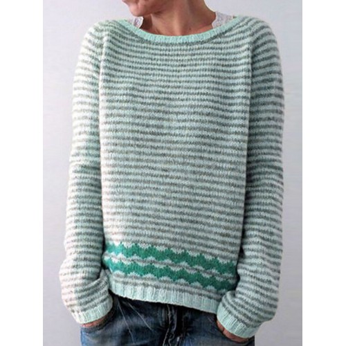 Women Casual Striped Crew Neck Long Sleeve Sweaters