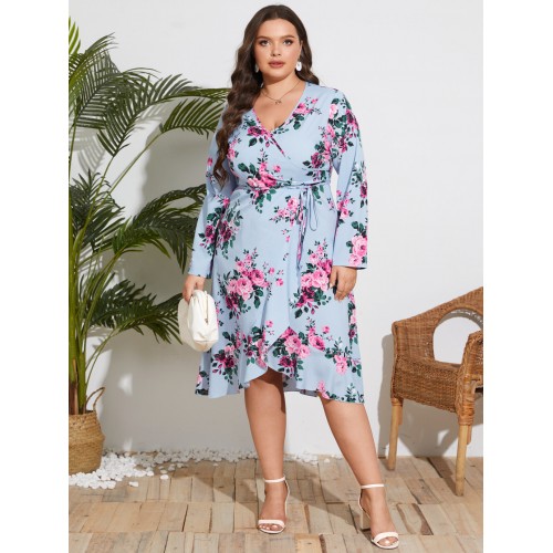 YOINS Plus Size V-neck Floral Print Belt Design Dress