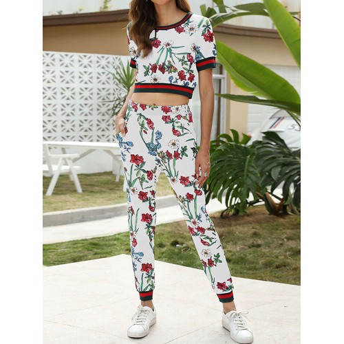 Women Allover Plant Floral Print Crop Top Elastic Waist Pants Sport Two Piece Set