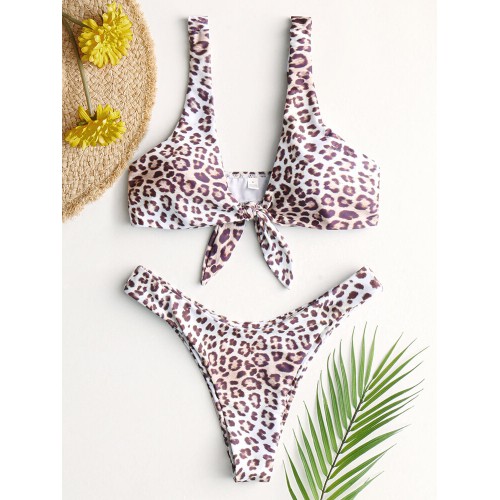 Animal Leopard Printing Tie Front Wide Shoulder Backless Mid Waist Bikini