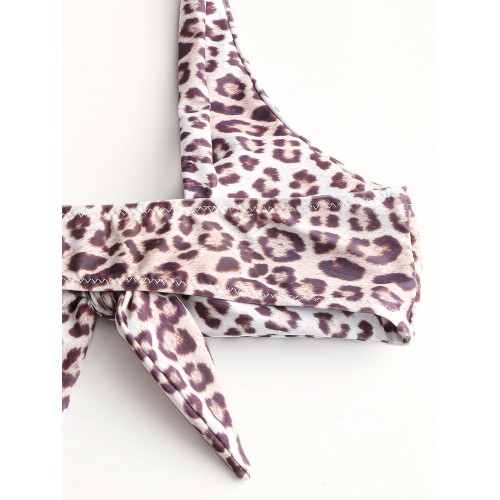 Animal Leopard Printing Tie Front Wide Shoulder Backless Mid Waist Bikini