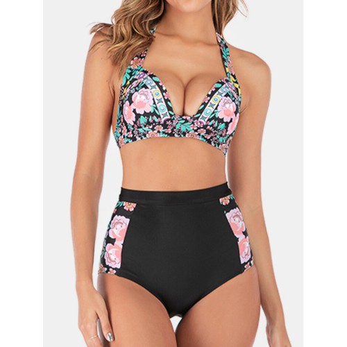 Plus Size Women Floeal Print Patchwork High Waist Bikini Backless Swimwear