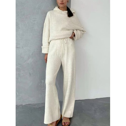 Women Solid Rib-Knit Hoodie Drawstring Wide Leg Pants Casual Long Two-Piece Set