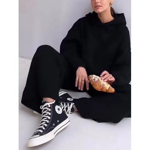 Women Solid Rib-Knit Hoodie Drawstring Wide Leg Pants Casual Long Two-Piece Set