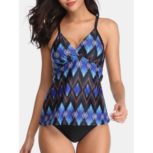 Women Ethnic Style Geometric Print Backless Tankini Cover Belly Swimsuits