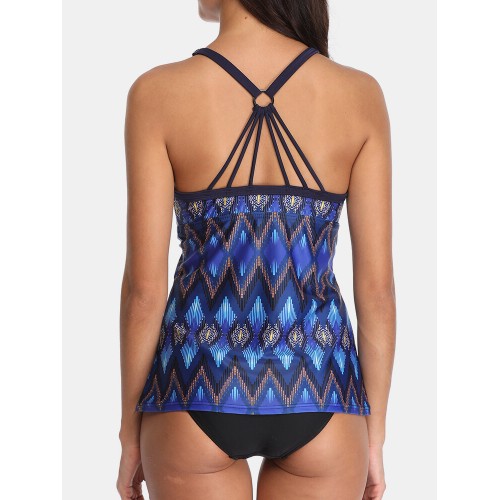 Women Ethnic Style Geometric Print Backless Tankini Cover Belly Swimsuits