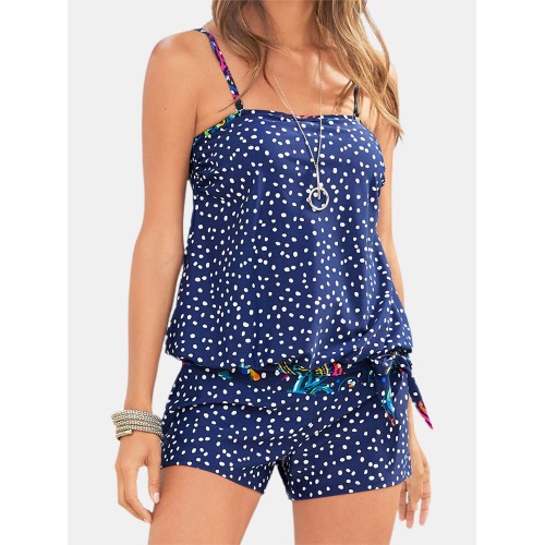 Women Polka Dot Ethnic Print Wireless Backless Strappy Tankinis Swimwear