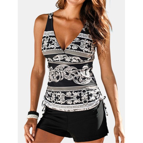 Women Vintage Print V-Neck Cover Belly Tankini Hawaii Beach Swimwear