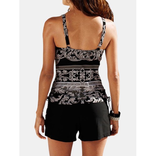 Women Vintage Print V-Neck Cover Belly Tankini Hawaii Beach Swimwear