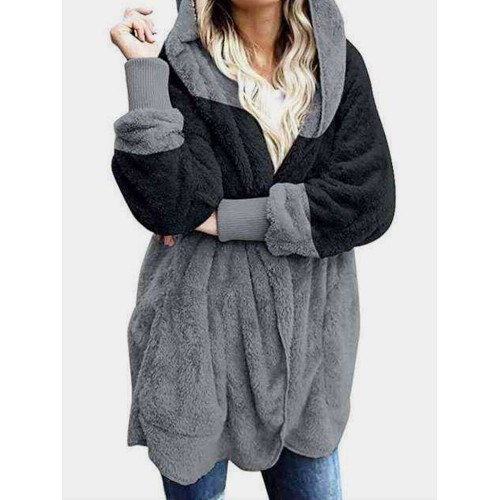 Casual Color Block Patchwork Long Sleeve Hooded Zipper Plush Coats For Women