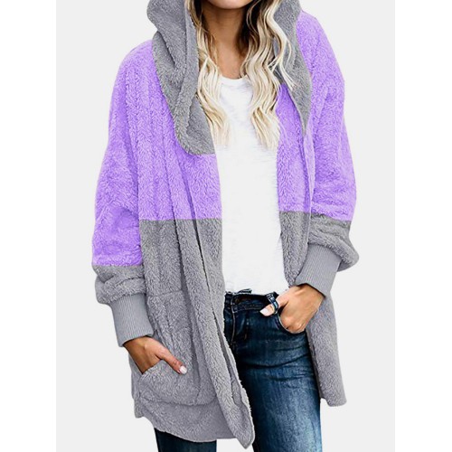 Casual Color Block Patchwork Long Sleeve Hooded Zipper Plush Coats For Women