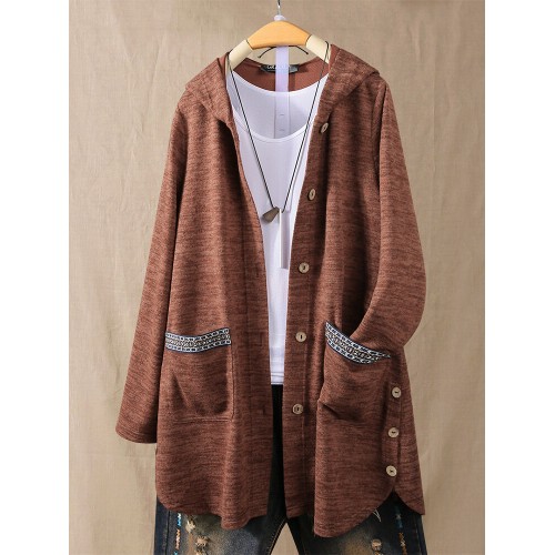 Solid Color Side Button Print Patchwork Long Sleeve Coats